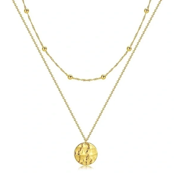 Gold 18k Gold Plated Beaded Textured Disc Pendant Layered Necklace - Picture 4 of 4